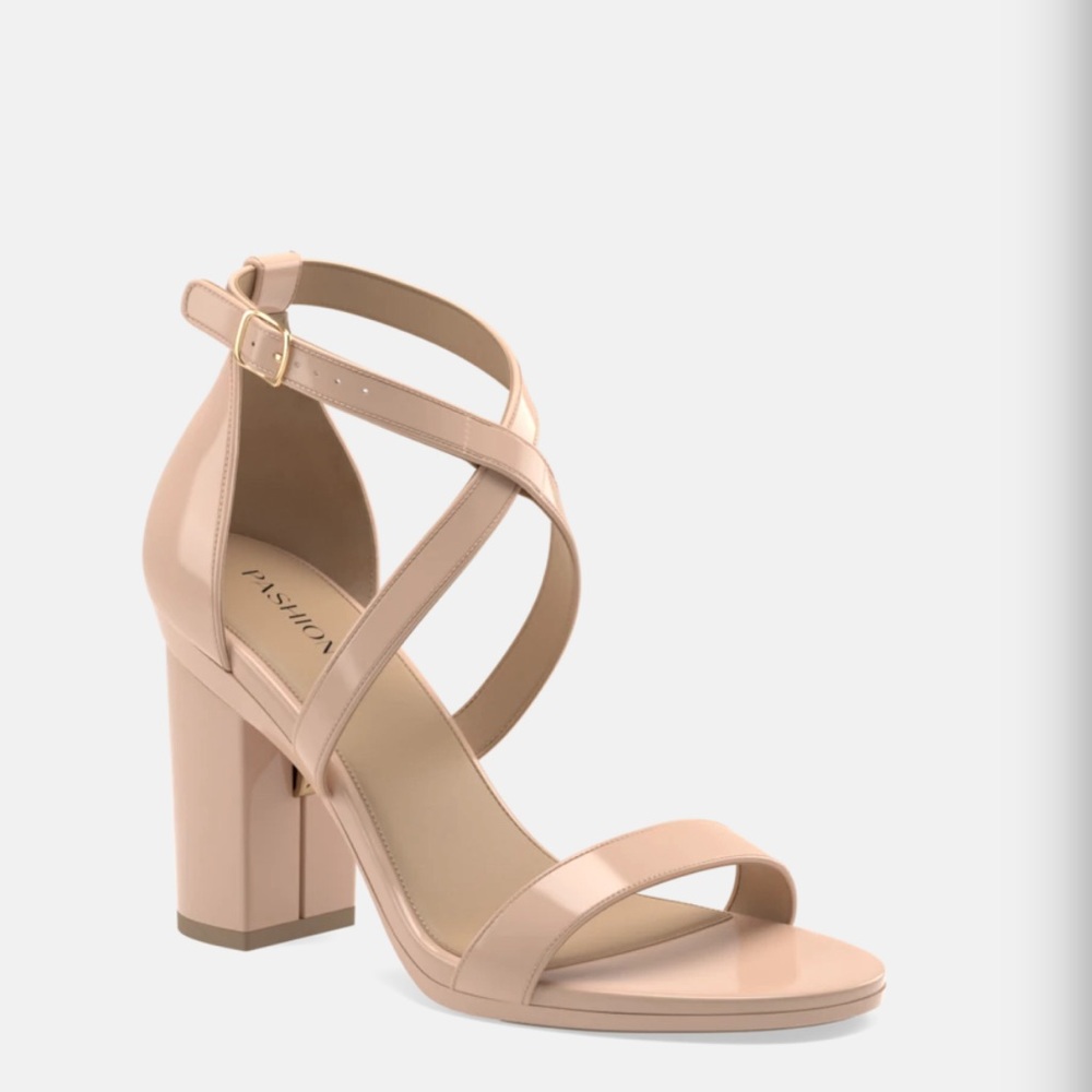 Pashion Footwear 4” block patent leather nude heels. Size 8